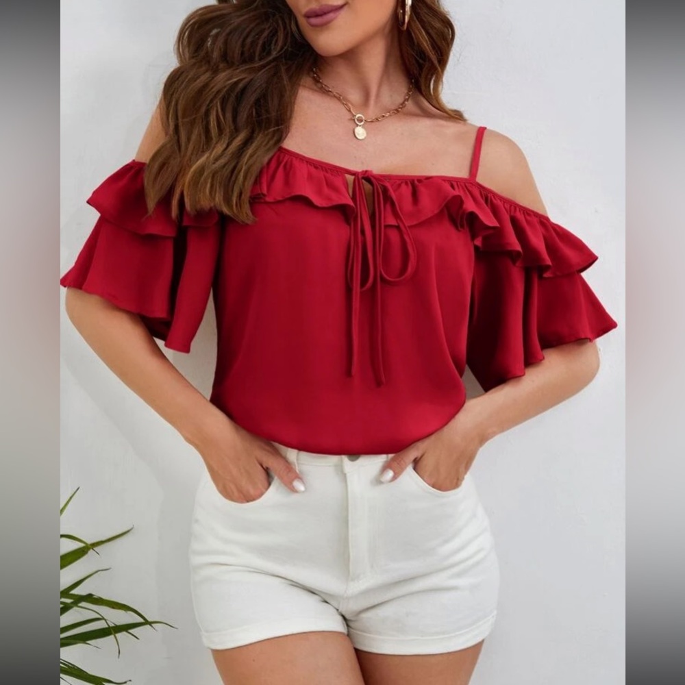 Red cold shoulder lantern sleeve blouse